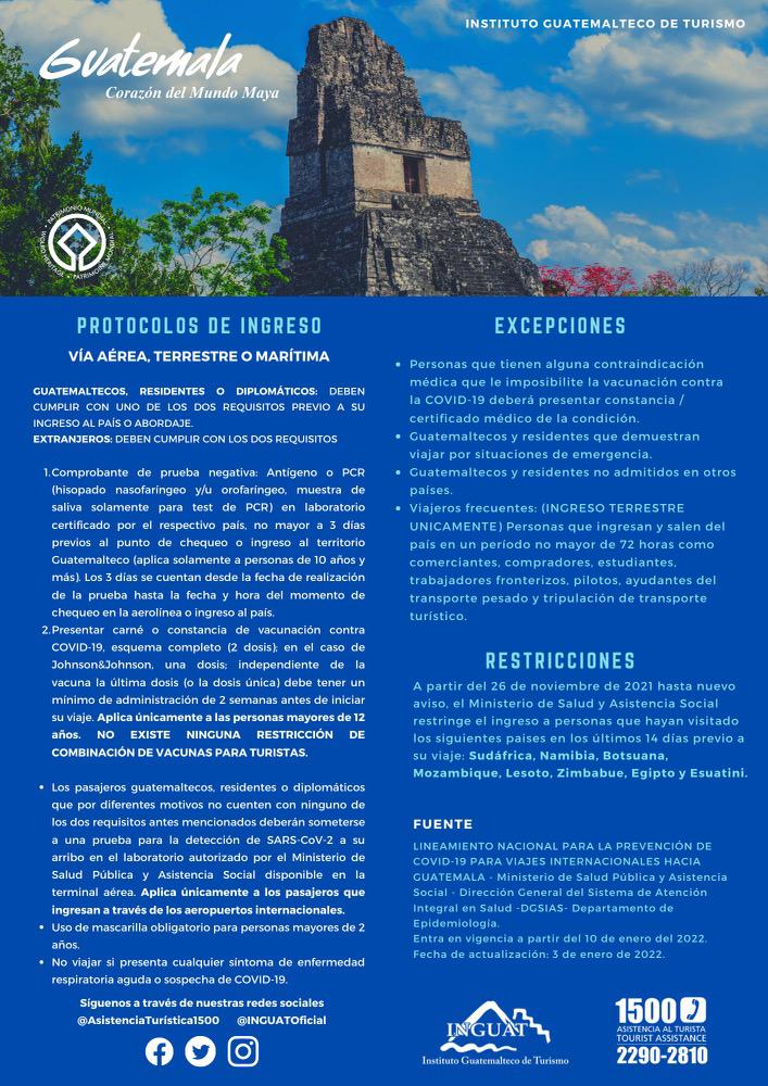 A PARTIR DEL 10 DE ENERO DE 2022 ENTRAN EN VIGENCIA LOS SIGUIENTES REQUISITOS PARA VIAJES INTERNACIONALES HACIA GUATEMALA